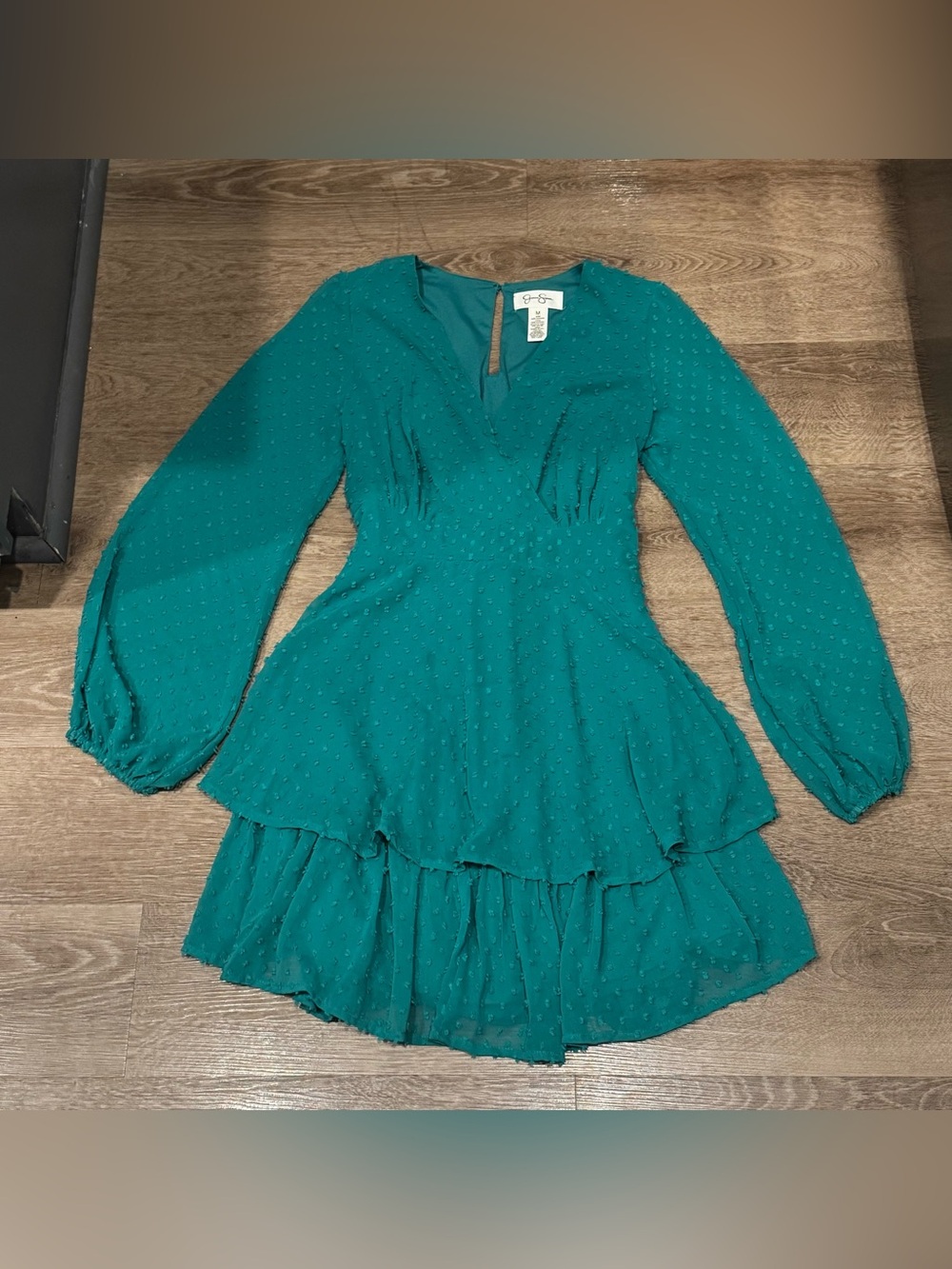 Jessica Simpson Teal Long-Sleeve Tiered V-Neck Dress